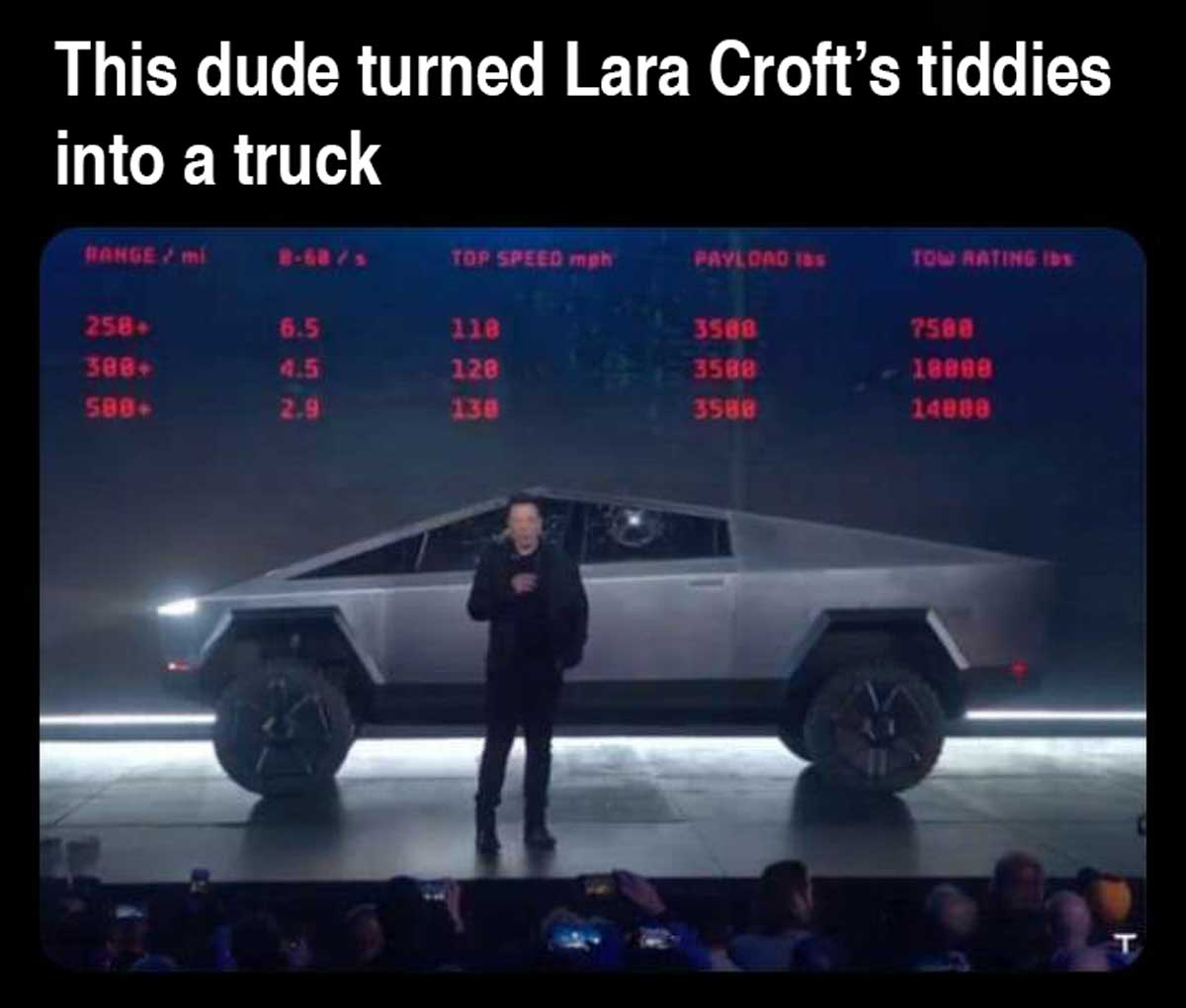 lara crofts tiddies into a truck cybertruck meme